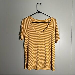 American Eagle Soft & Sexy Mustard Yellow White Stripe V-Neck Short Sleeve Tee M